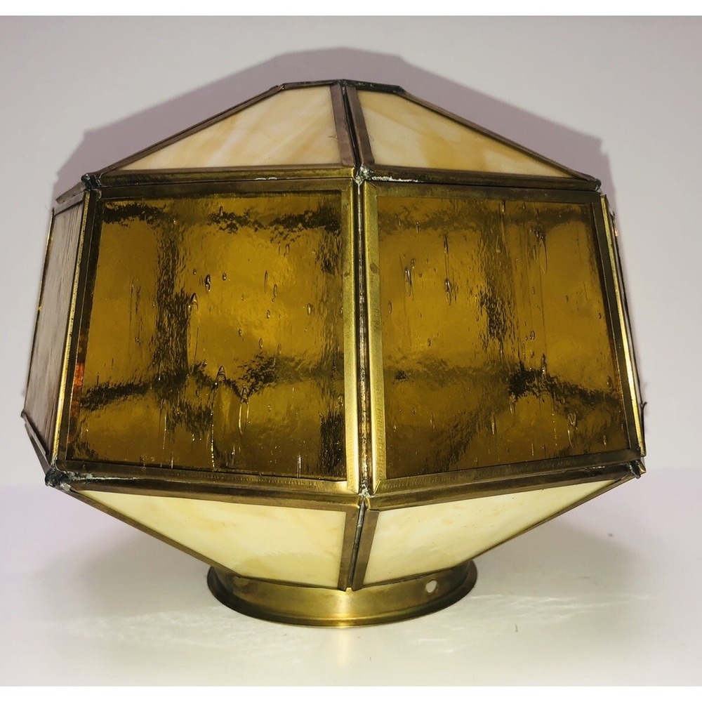 Vintage Amber Caramel Stained Glass Panels‎ Lamp Shade Ceiling Hanging Octagon